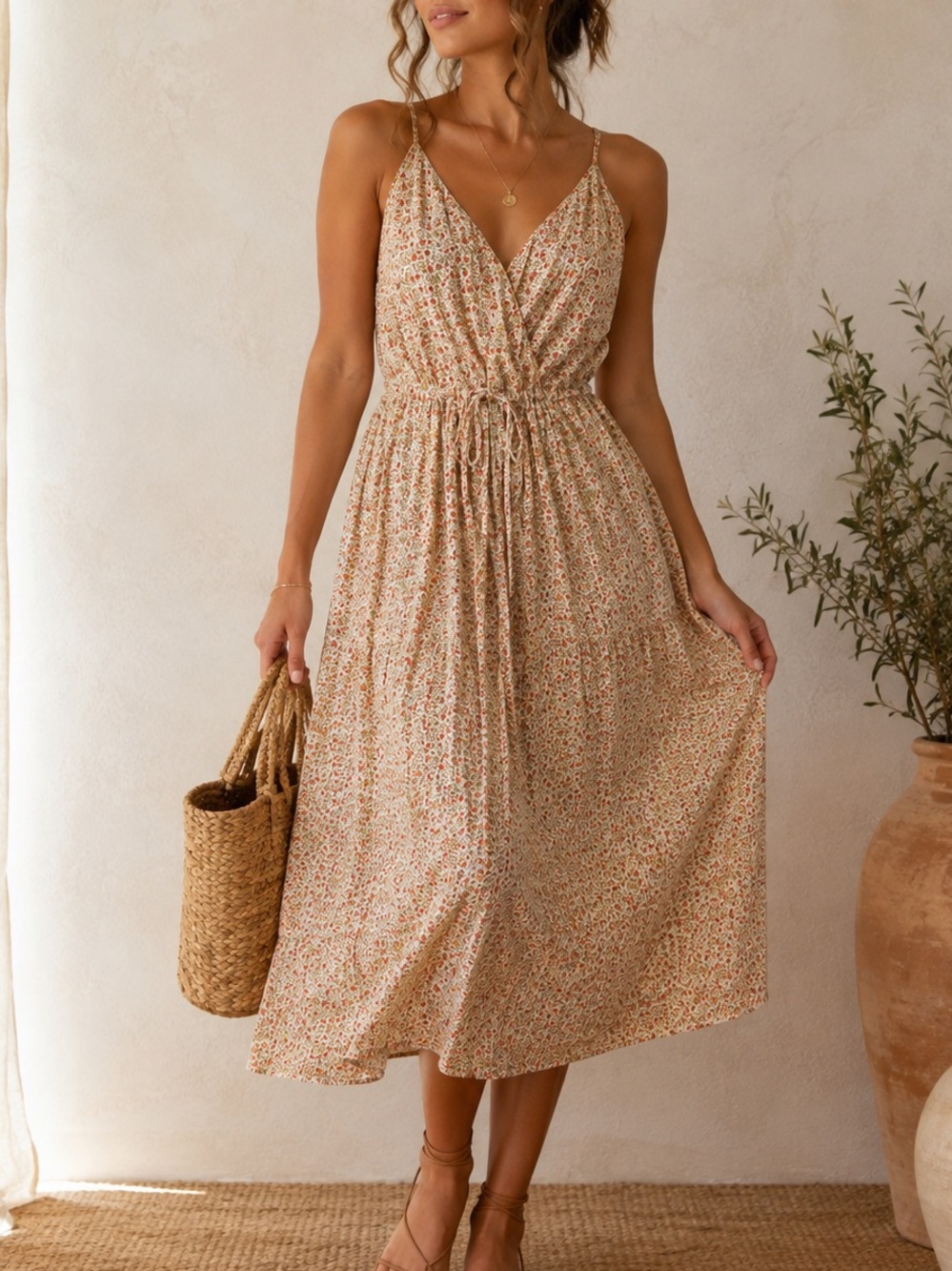 Reformation Jeans Floral Cream Pink Tie Waist Slip Boho Summer Midi Dress sizeXS